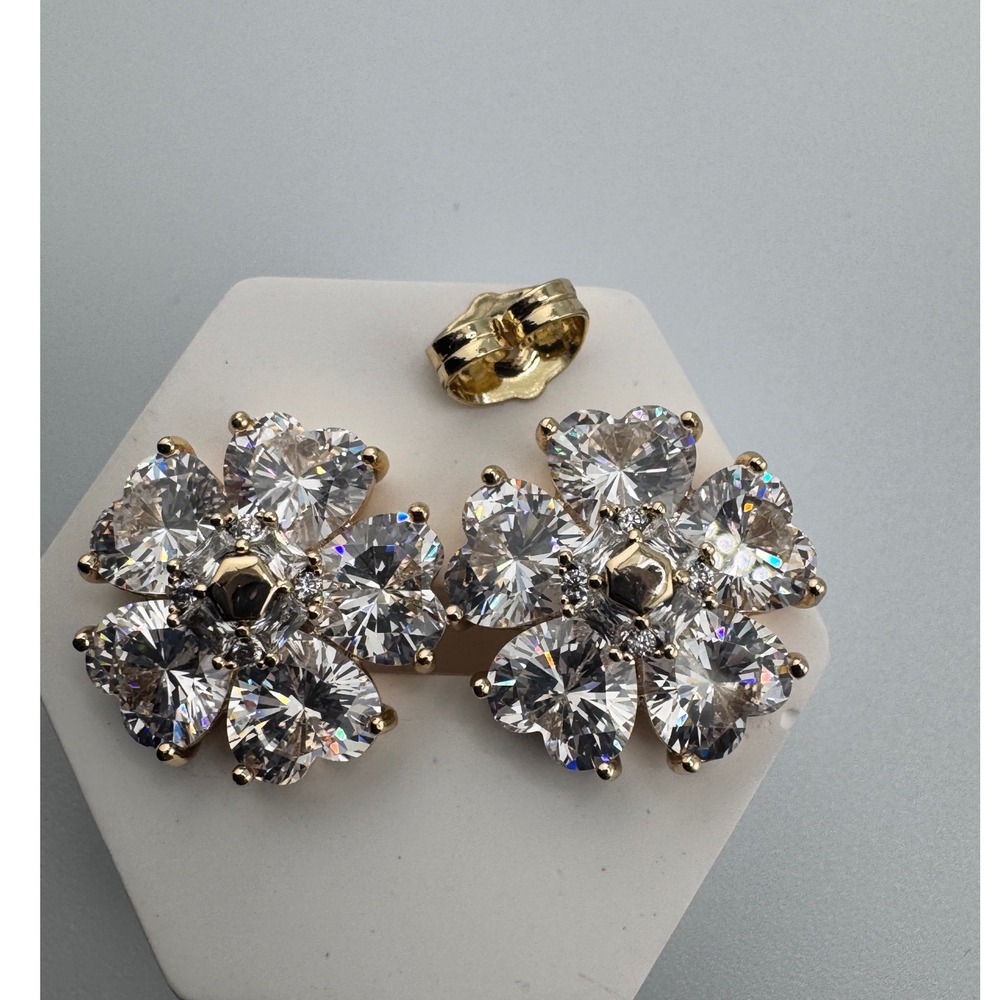 14K Gold Plated Floral Heart Cubic Zirconia Stud Earrings Sparkling Flower